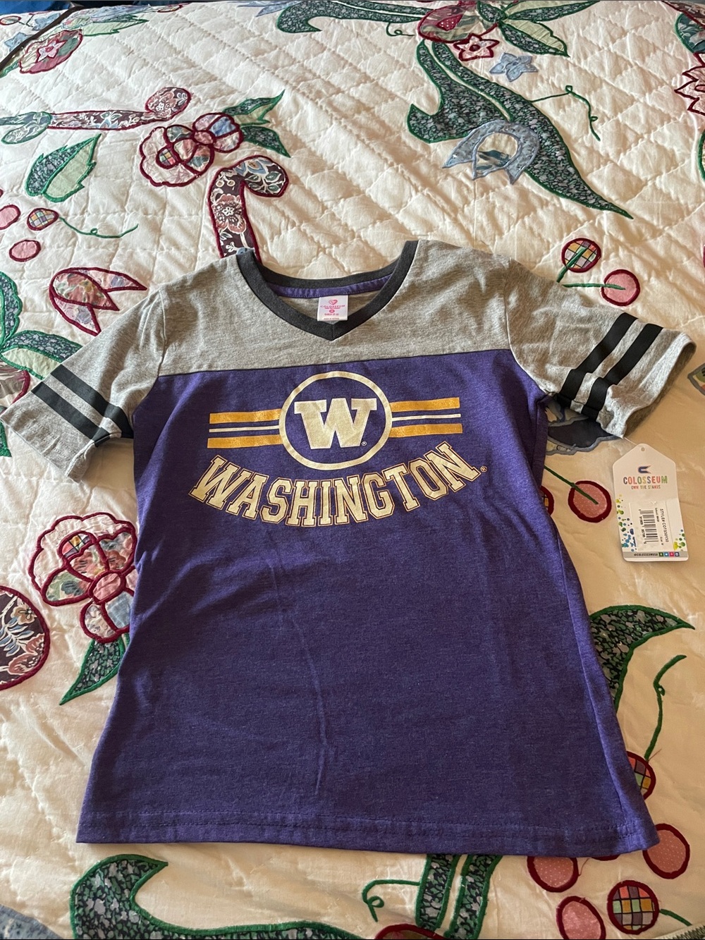 Colosseum Purple and Gray Washington University V‑Neck Kids Tee Sz Girls M 7/8